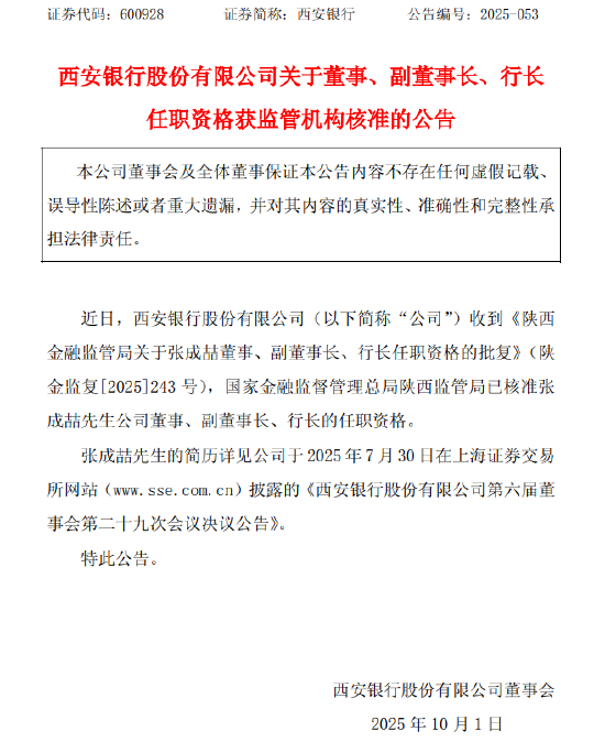 西安银行：张成喆董事、副董事长、行长任职资格获核准 第1张