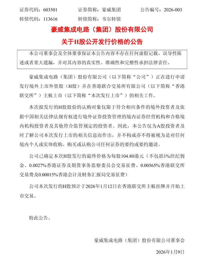 国产供应链企业豪威预计 1 月 12 日在港股上市，发行价每股 104.80 港元 第1张