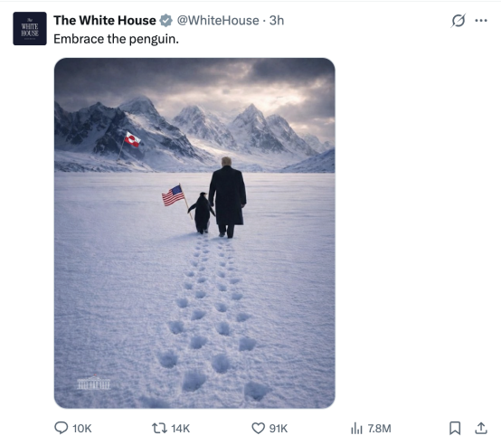白宫发特朗普在格陵兰岛牵企鹅AI图，网友“惊呆”：格陵兰岛没有企鹅啊…… 第1张