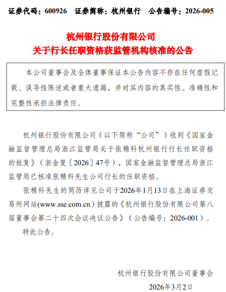 杭州银行:张精科行长任职资格获核准 第1张 杭州银行:张精科行长任职资格获核准 第1张
